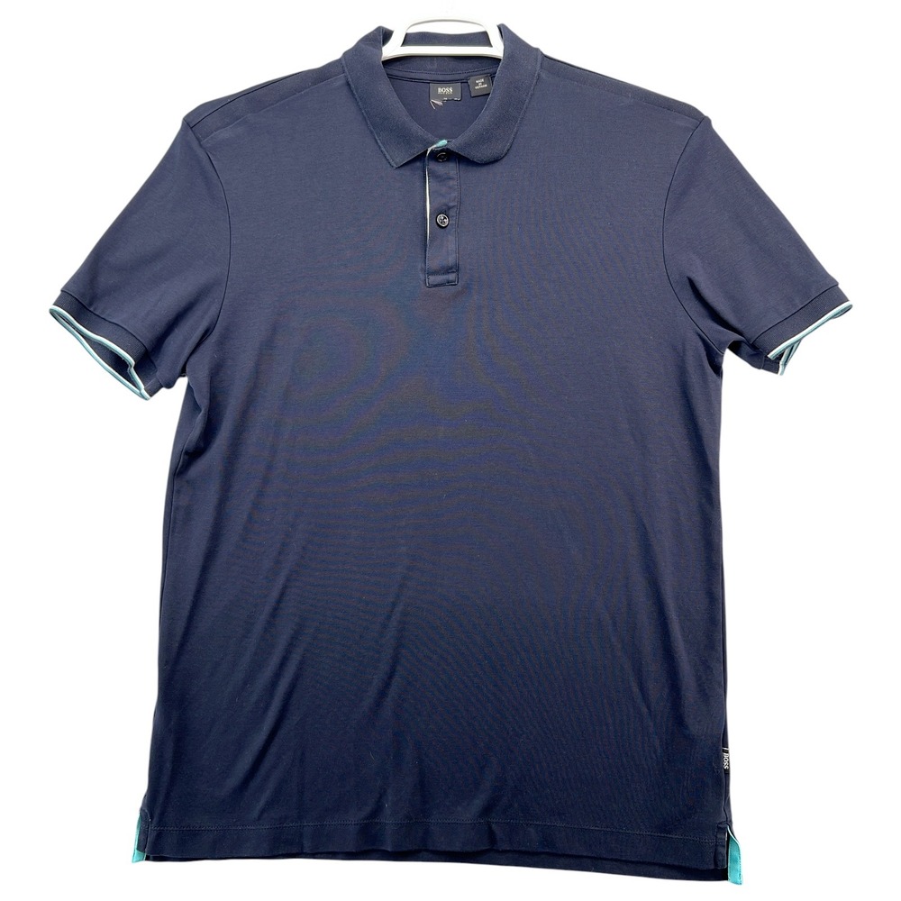 Hugo Boss Parlay 78_N Mens Large Navy Blue Cotton Tipped Short Sleeve Polo Shirt